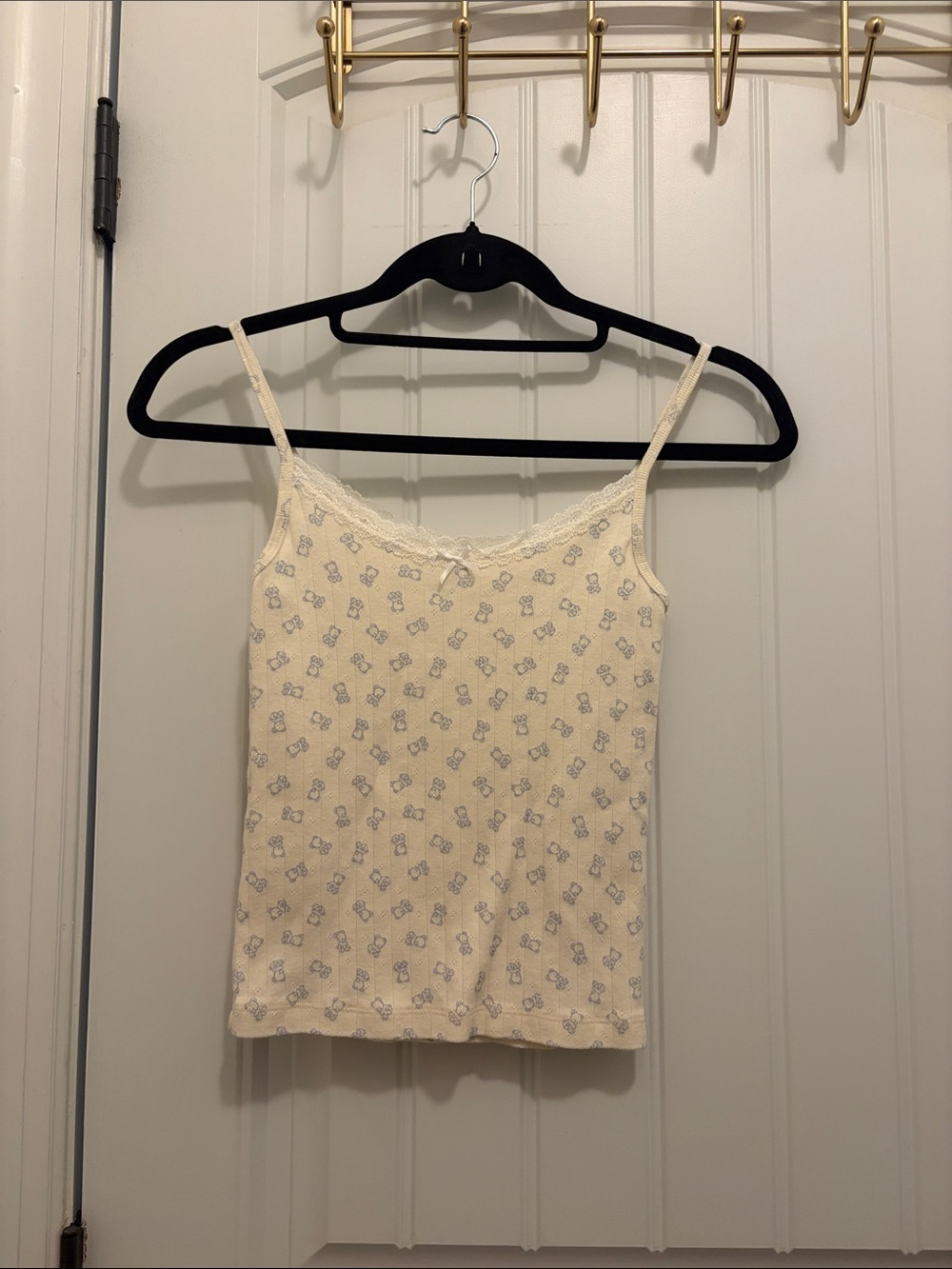 Brandy Melville Cream Besr-Print Lace Trim Cami with Adjustable Straps